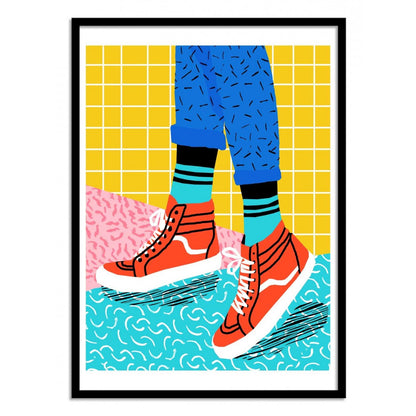 Vibrant pop art print titled Toe Drag by Wacka showing red high-top sneakers, bright patterned socks, and rolled-up blue jeans against a colorful Memphis-style background in yellow, pink, and turquoise — modern street art poster, 50x70 cm digital print, perfect for contemporary interiors and sneaker lovers.