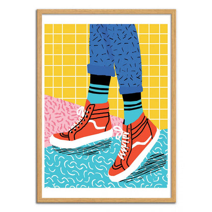 Vibrant pop art print titled Toe Drag by Wacka showing red high-top sneakers, bright patterned socks, and rolled-up blue jeans against a colorful Memphis-style background in yellow, pink, and turquoise — modern street art poster, 50x70 cm digital print, perfect for contemporary interiors and sneaker lovers.