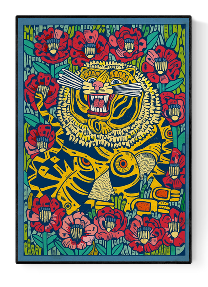 Colorful art print of a wildcat surrounded by blooming red poppies by Spanish illustrator Asis Percales – bold folk-style illustration with tattoo-inspired linework and vibrant colors, perfect for eclectic wall decor