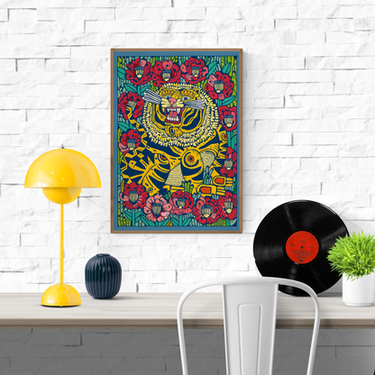 Colorful art print of a wildcat surrounded by blooming red poppies by Spanish illustrator Asis Percales – bold folk-style illustration with tattoo-inspired linework and vibrant colors, perfect for eclectic wall decor