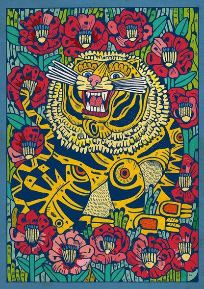 Colorful art print of a wildcat surrounded by blooming red poppies by Spanish illustrator Asis Percales – bold folk-style illustration with tattoo-inspired linework and vibrant colors, perfect for eclectic wall decor