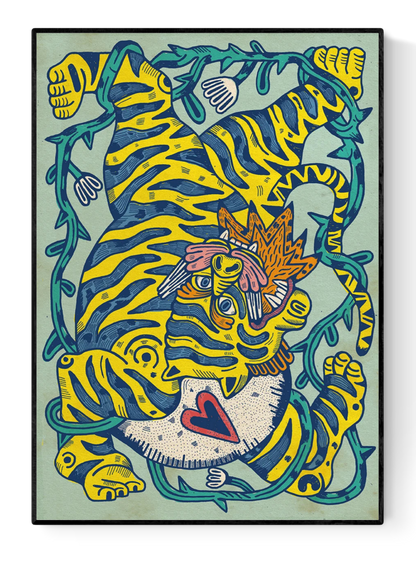 "Fiera" by Asis Percales – bold and surreal illustration of a vibrant yellow and blue tiger entangled in whimsical vines, blending pop-art and folk-inspired elements; striking wall art for eclectic and expressive interiors, available at Galerie Frits