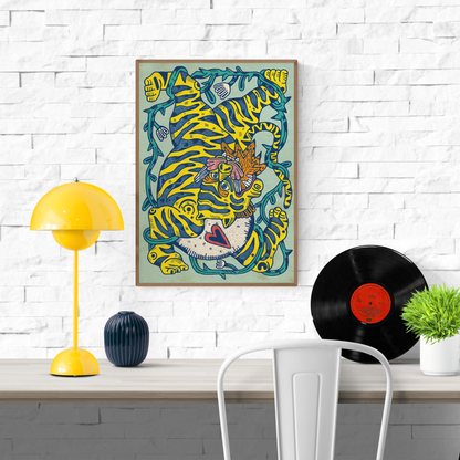 "Fiera" by Asis Percales – bold and surreal illustration of a vibrant yellow and blue tiger entangled in whimsical vines, blending pop-art and folk-inspired elements; striking wall art for eclectic and expressive interiors, available at Galerie Frits