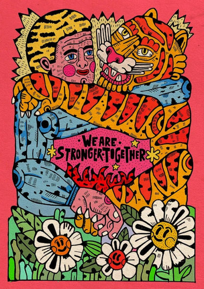buy illustration with tiger and man hugging by Asis Percales 
