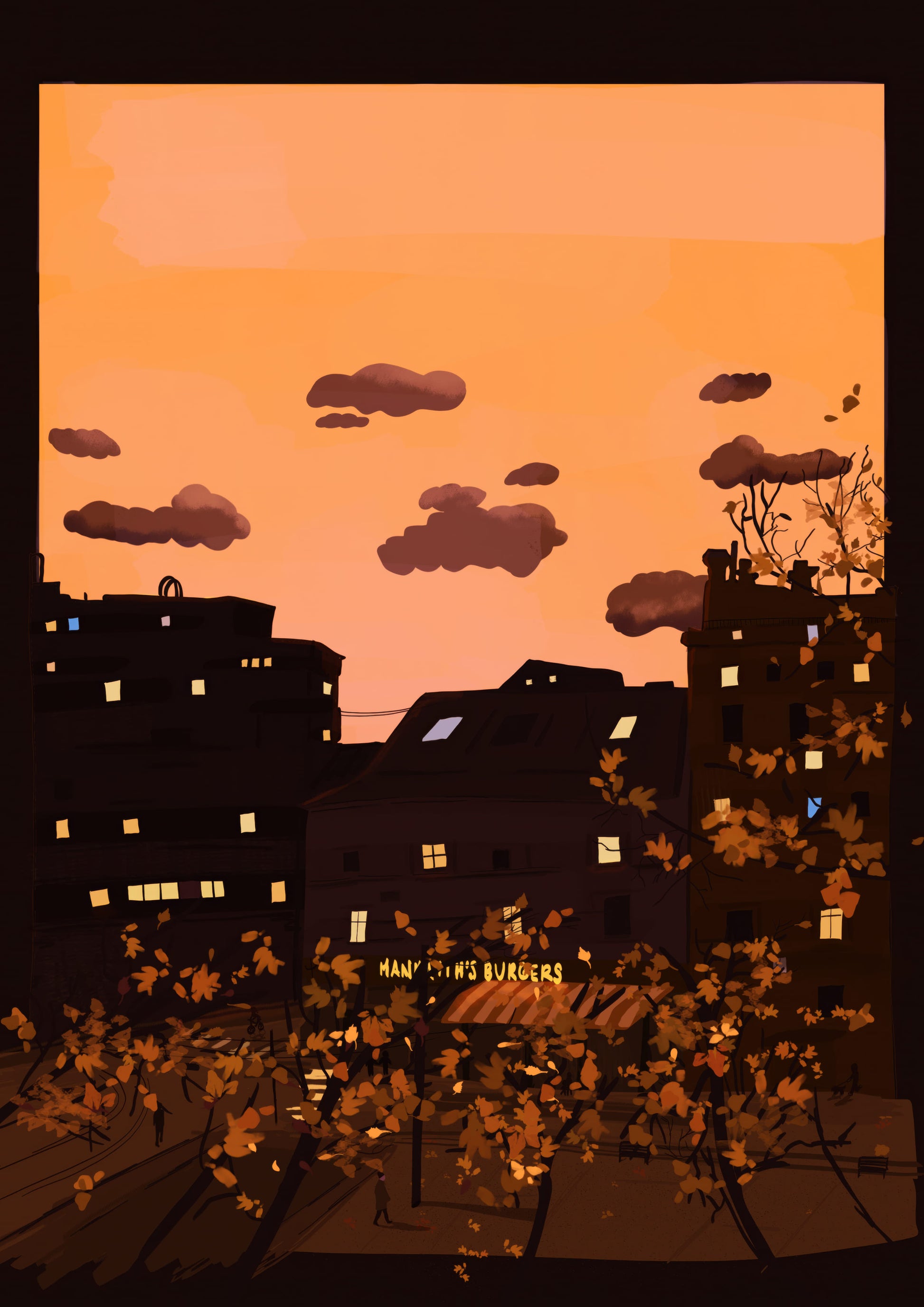 Autumn at the Groenplaats fine art giclée print by Valeria Maggiani, warm sunset cityscape illustration of Antwerp with glowing windows, autumn trees and cozy urban atmosphere, A4 cotton paper wall art for modern home decor.