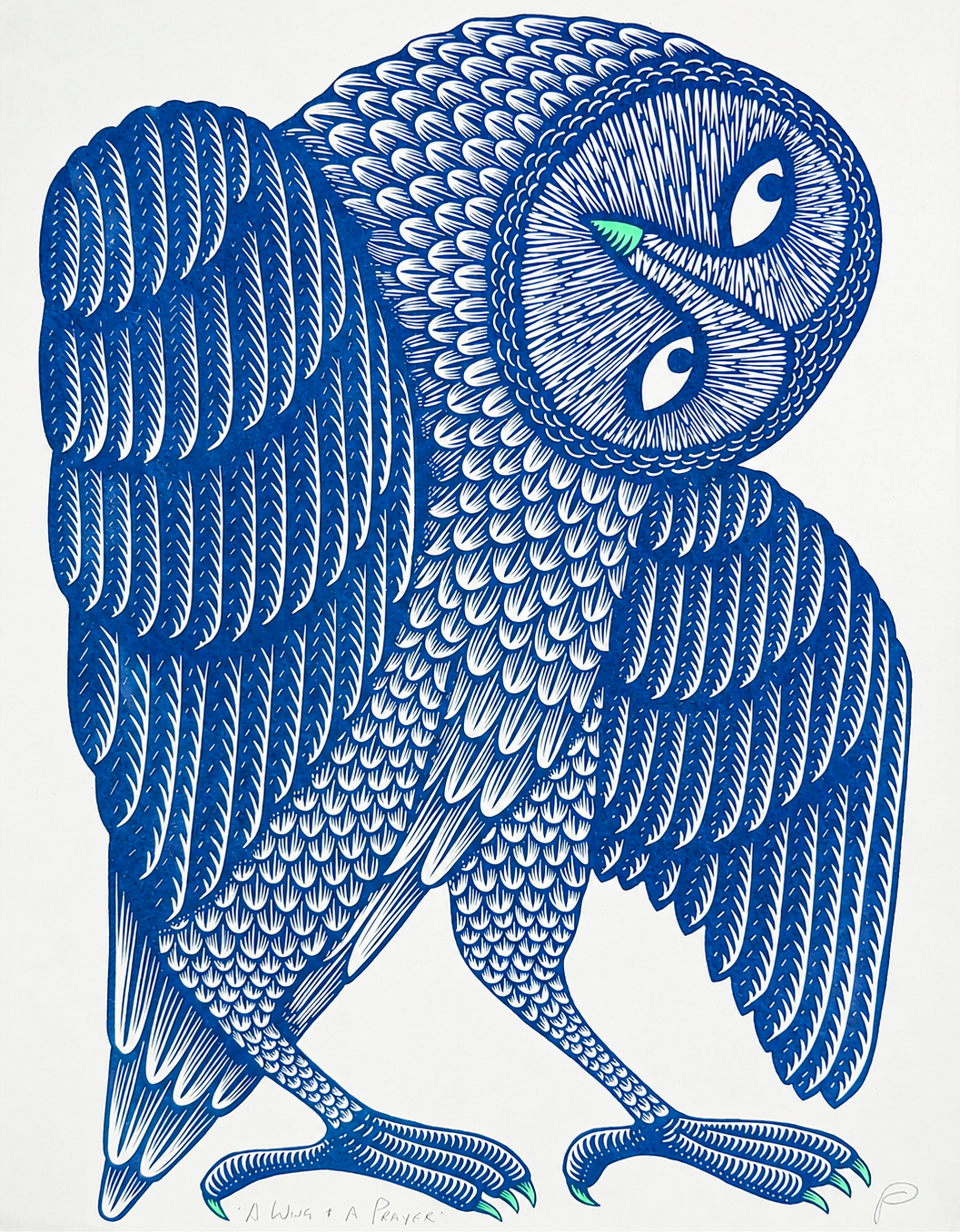 A Wing and a Prayer by Strangford, vertical A3 risograph art print of a stylised owl in dark blue and mint green with detailed graphic feathers, ideal for playful modern wall decor.