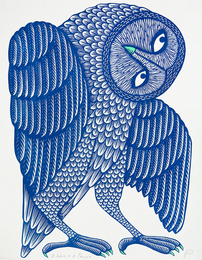 A Wing and a Prayer by Strangford, vertical A3 risograph art print of a stylised owl in dark blue and mint green with detailed graphic feathers, ideal for playful modern wall decor.
