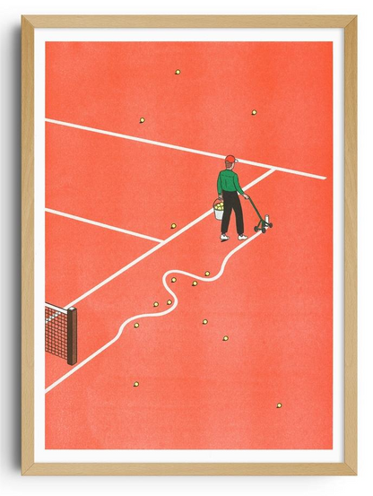 Roland-Garros art print by French illustrator Simon Bailly — risograph poster featuring a man marking tennis court lines with a curved stroke on a red clay field, surrounded by scattered tennis balls. Minimalist, witty, and modern design printed on Munken White paper by KIBLIND Workshop.