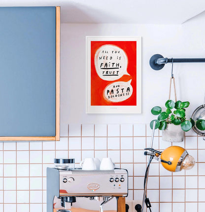 Colorful typography art print with the quote “All you need is faith, trust and pasta bolognese” in comic-style speech bubbles on a vivid red background — humorous kitchen wall art by Just Cool Design, perfect for food lovers and design enthusiasts.