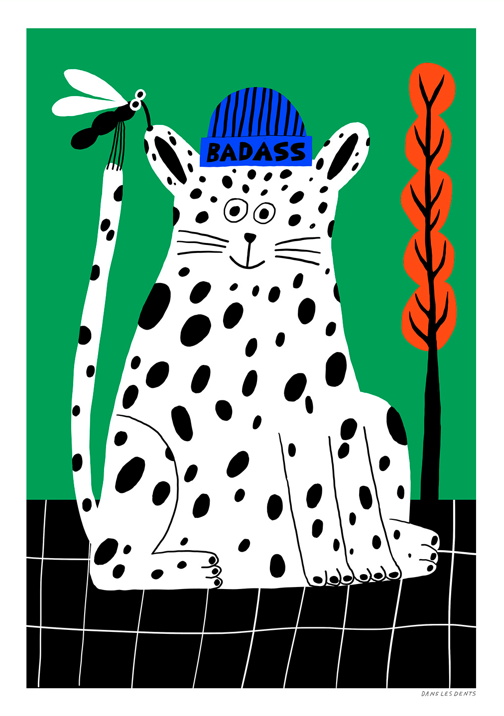 Badass by Dans les Dents, vertical giclée art print of a playful black-spotted white cat wearing a blue beanie, holding a dragonfly against a bright green background with orange plants. Bold, contemporary wall art.