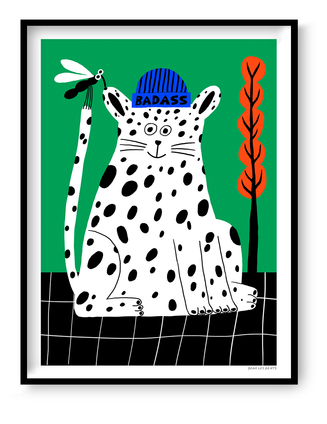 Badass by Dans les Dents, vertical giclée art print of a playful black-spotted white cat wearing a blue beanie, holding a dragonfly against a bright green background with orange plants. Bold, contemporary wall art.