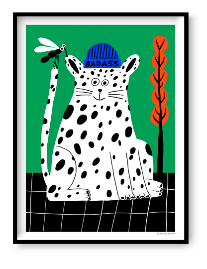 Badass by Dans les Dents, vertical giclée art print of a playful black-spotted white cat wearing a blue beanie, holding a dragonfly against a bright green background with orange plants. Bold, contemporary wall art.