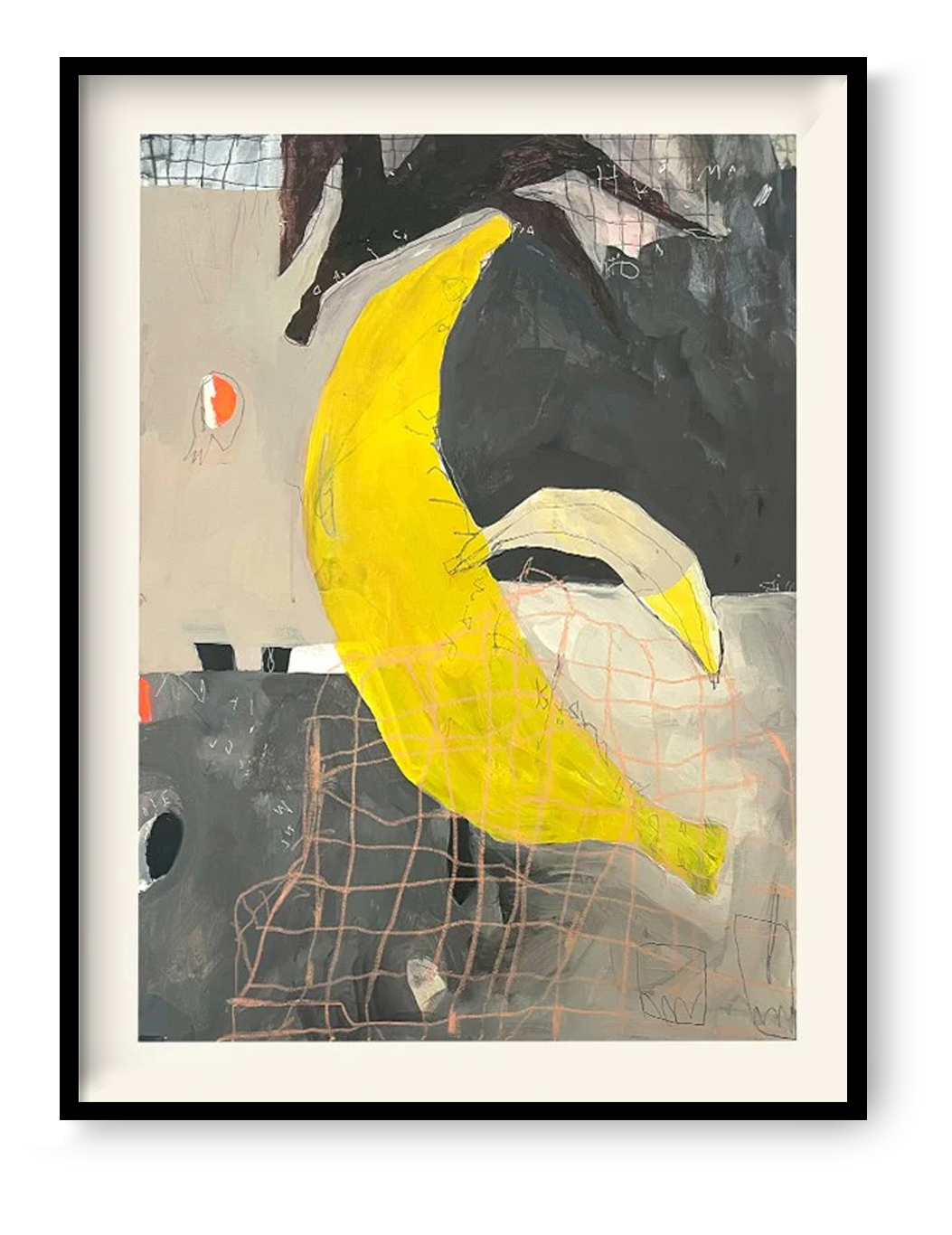 Bold and expressive mixed-media illustration by Wünsch & Stömer titled 'Banana,' featuring a large, vibrant yellow banana set against a textured abstract background in muted tones of grey, black, and beige. With raw lines, layered patterns, and spontaneous marks, this contemporary artwork blends pop art energy with abstract expressionism—ideal for modern art collectors and eclectic interiors