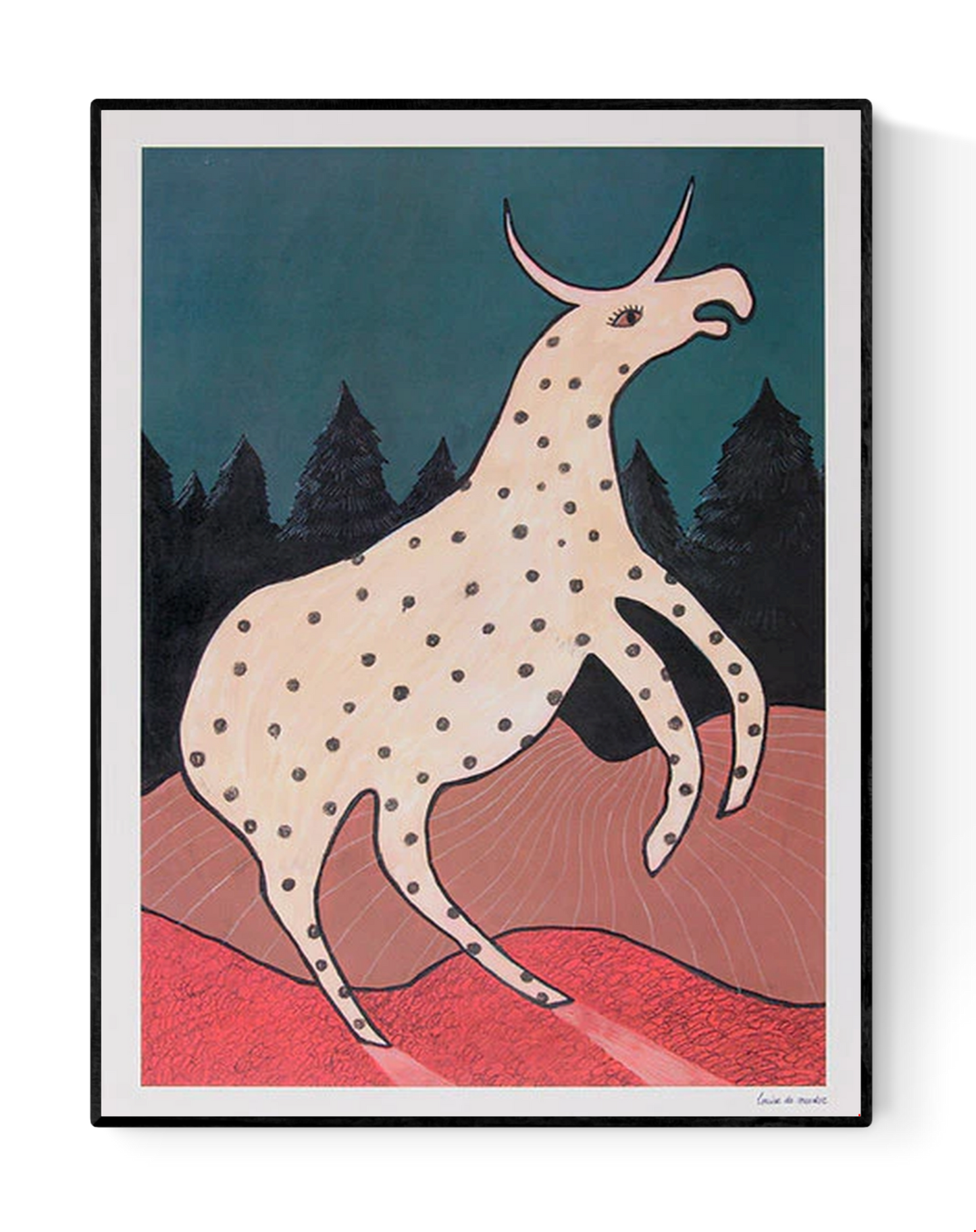 Surreal illustration titled Beest 2 by Louise de Meester, featuring a fantastical cream-colored creature with black spots and a single horn, set against a twilight forest backdrop with bold red terrain and a deep teal sky