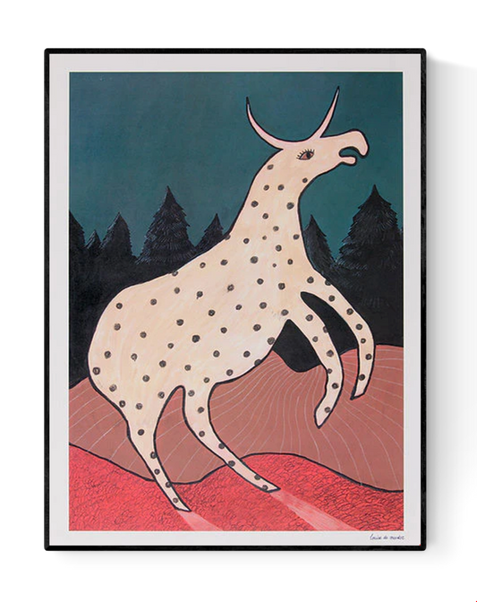 Surreal illustration titled Beest 2 by Louise de Meester, featuring a fantastical cream-colored creature with black spots and a single horn, set against a twilight forest backdrop with bold red terrain and a deep teal sky