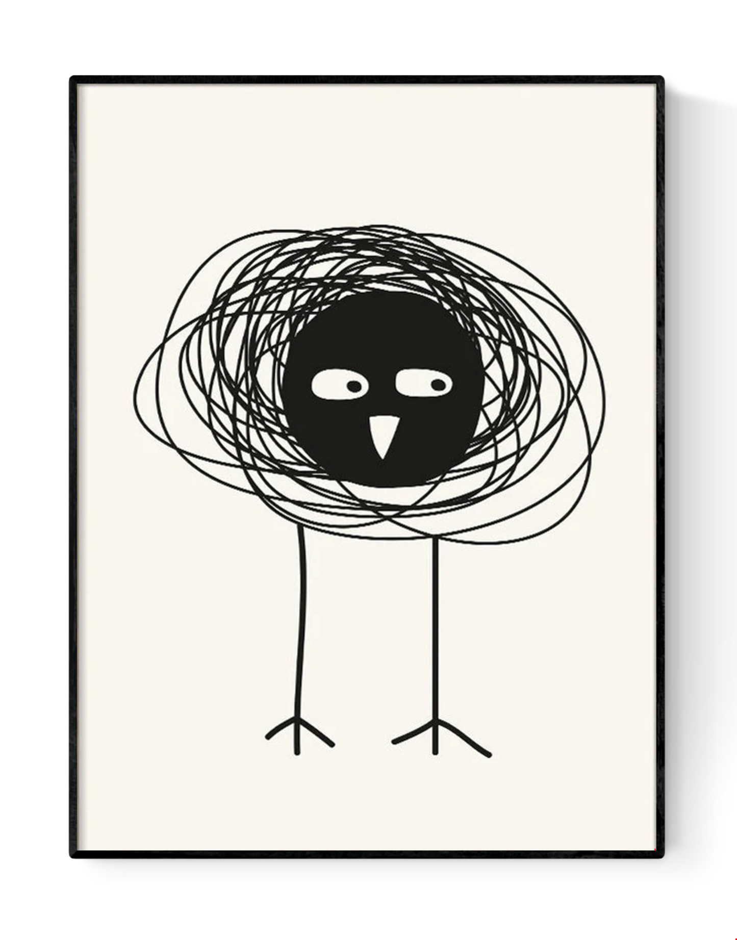 Minimalist black-and-white art print of a quirky little bird made from bold scribbles and simple lines by Silvia Visscher – 30x40 cm modern illustration printed in the Netherlands.