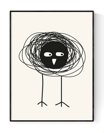 Minimalist black-and-white art print of a quirky little bird made from bold scribbles and simple lines by Silvia Visscher – 30x40 cm modern illustration printed in the Netherlands.