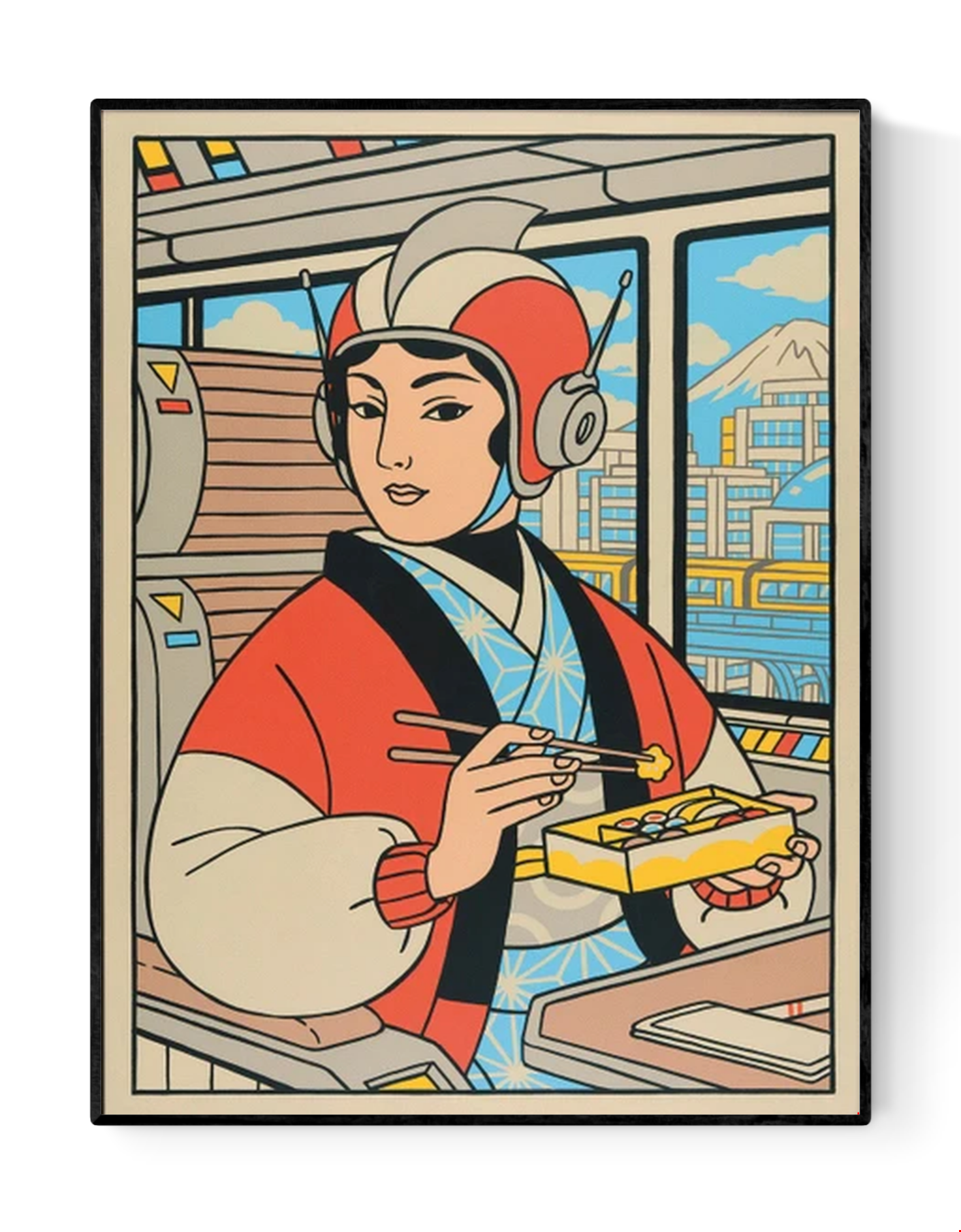 Retro-futurist illustration of a Japanese woman eating lunch on a train, created by Yeaaah! Studio, with Mount Fuji and cityscape in the background – bold graphic print in red, blue, and beige tones.