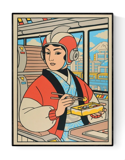 Retro-futurist illustration of a Japanese woman eating lunch on a train, created by Yeaaah! Studio, with Mount Fuji and cityscape in the background – bold graphic print in red, blue, and beige tones.