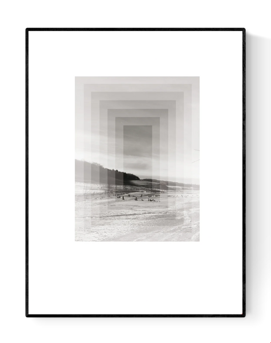 Minimalist Nordic art print SØ by Studio Frits, black-and-white geometric landscape inspired by Swedish winter woods, fine art digital print on matte paper, modern wall decor for Scandinavian and design lovers.