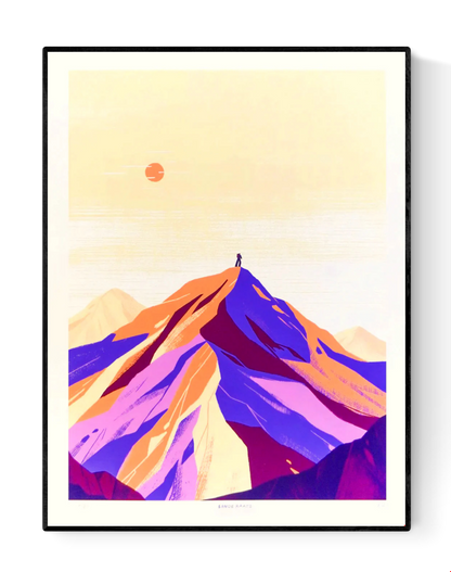Minimalist giclée art print of the Alps by Belgian illustrator Linde Raats, featuring a pastel-colored mountain landscape in soft purple, peach, and cream tones with a small figure at the summit – 30x40 cm fine art print for modern interiors