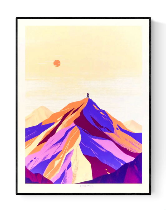 Minimalist giclée art print of the Alps by Belgian illustrator Linde Raats, featuring a pastel-colored mountain landscape in soft purple, peach, and cream tones with a small figure at the summit – 30x40 cm fine art print for modern interiors