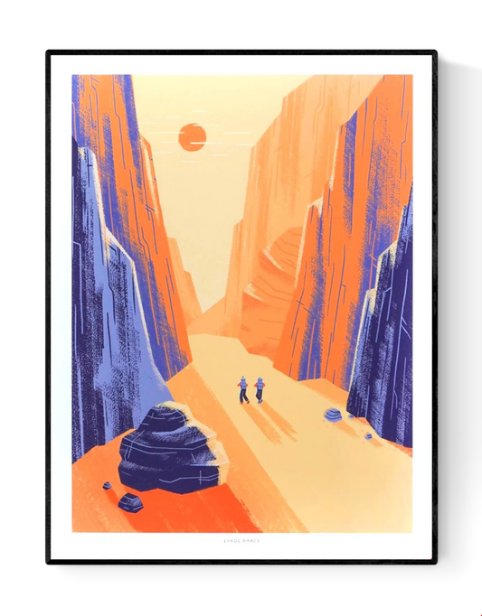 Illustration of Charyn Canyon by Linde Raats featuring two hikers walking through a vast, sunlit desert canyon surrounded by towering orange and purple cliffs. Minimalist landscape art print inspired by natural wonders, perfect for travel lovers, adventure-themed interiors, and contemporary wall decor—available at Galerie Frits