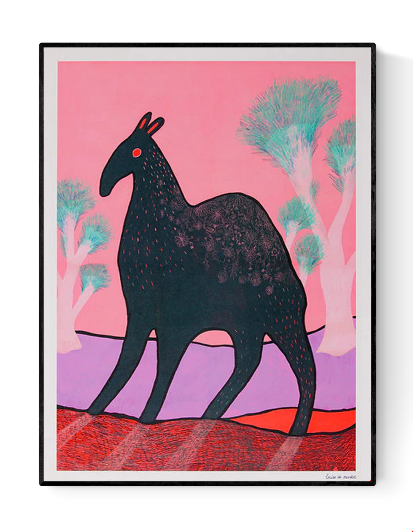 Whimsical illustration titled Beest 3 by Louise de Meester, depicting a mysterious dark creature with red eyes and subtle fur texture, set against a surreal pink and lavender landscape with dreamlike turquoise trees