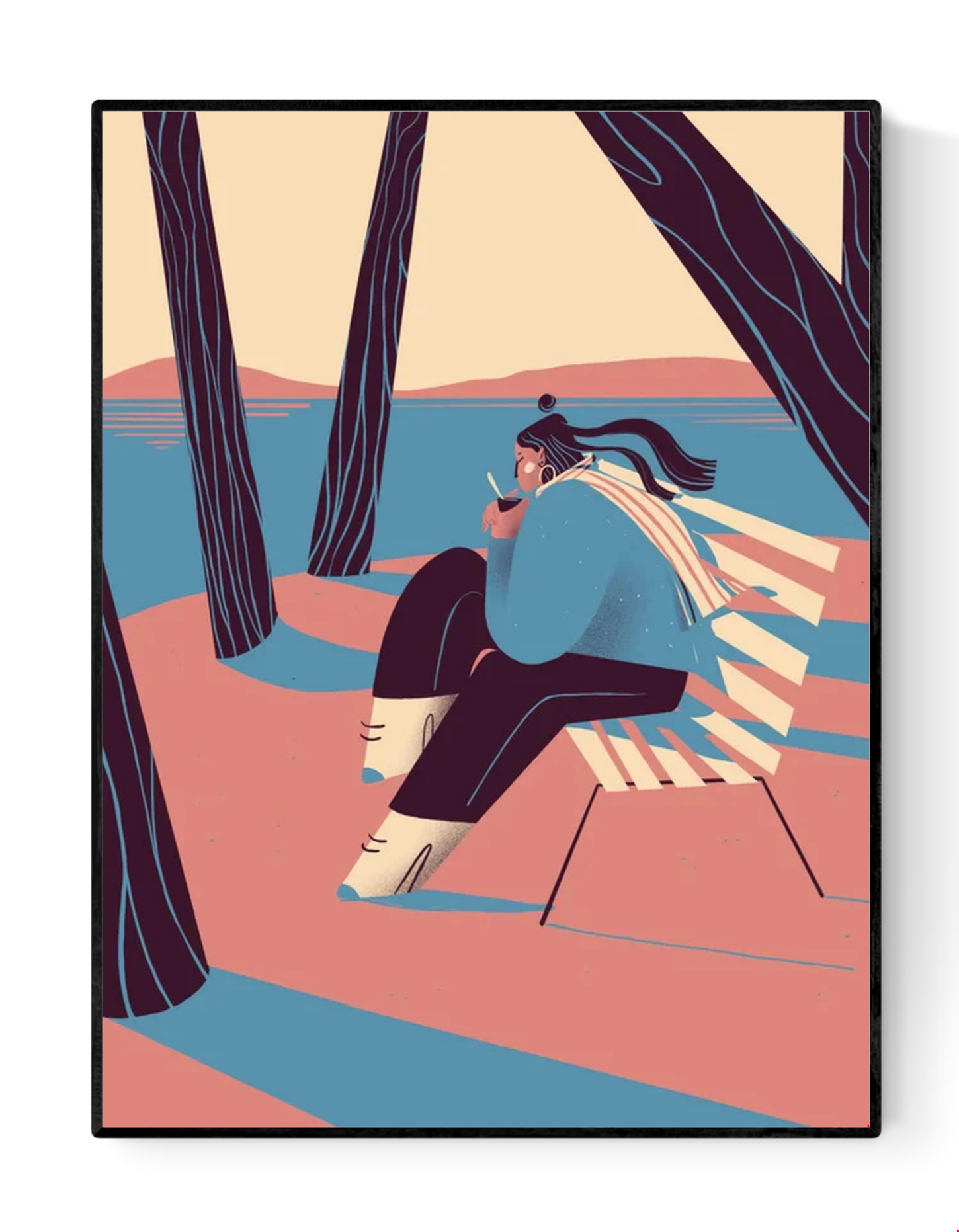 “Autumn” by Gheleyne Bastiaen – 30x40 cm art print of a woman sitting by the lake, sipping wine, with flowing scarf and soft shadows in pink, blue and cream tones, digital Belgian illustration.