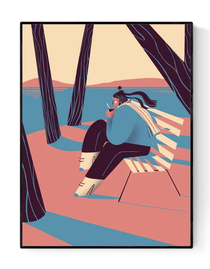 “Autumn” by Gheleyne Bastiaen – 30x40 cm art print of a woman sitting by the lake, sipping wine, with flowing scarf and soft shadows in pink, blue and cream tones, digital Belgian illustration.