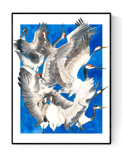 Watercolor art print titled “Caos” by Giu, featuring expressive flying cranes in motion on a deep blue background, printed in Belgium, contemporary illustration, 30 x 40 cm wall art for modern home decor.