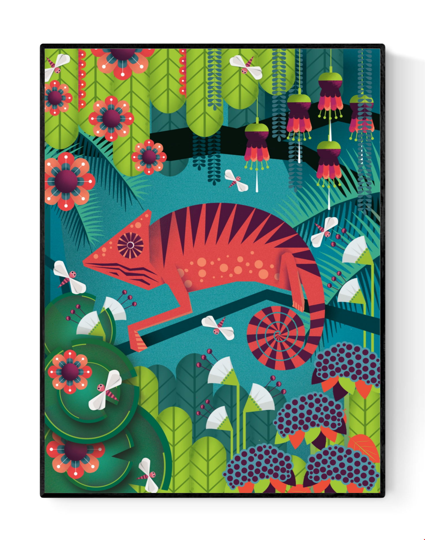 Colorful illustration of a red chameleon by Studio Frits, surrounded by vibrant jungle flora and playful insects. Bold modern wall art with tropical vibes, perfect for kids’ rooms, nature lovers, or exotic interior decor. A unique art print celebrating wildlife, color, and whimsical design—available exclusively at Galerie Frits