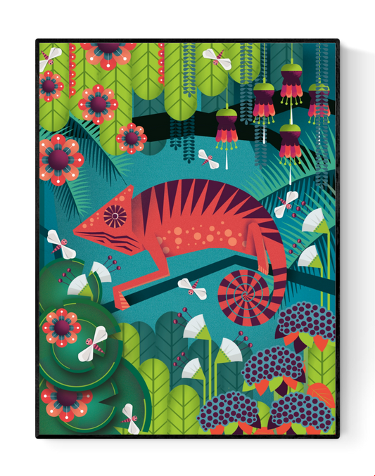 Colorful illustration of a red chameleon by Studio Frits, surrounded by vibrant jungle flora and playful insects. Bold modern wall art with tropical vibes, perfect for kids’ rooms, nature lovers, or exotic interior decor. A unique art print celebrating wildlife, color, and whimsical design—available exclusively at Galerie Frits