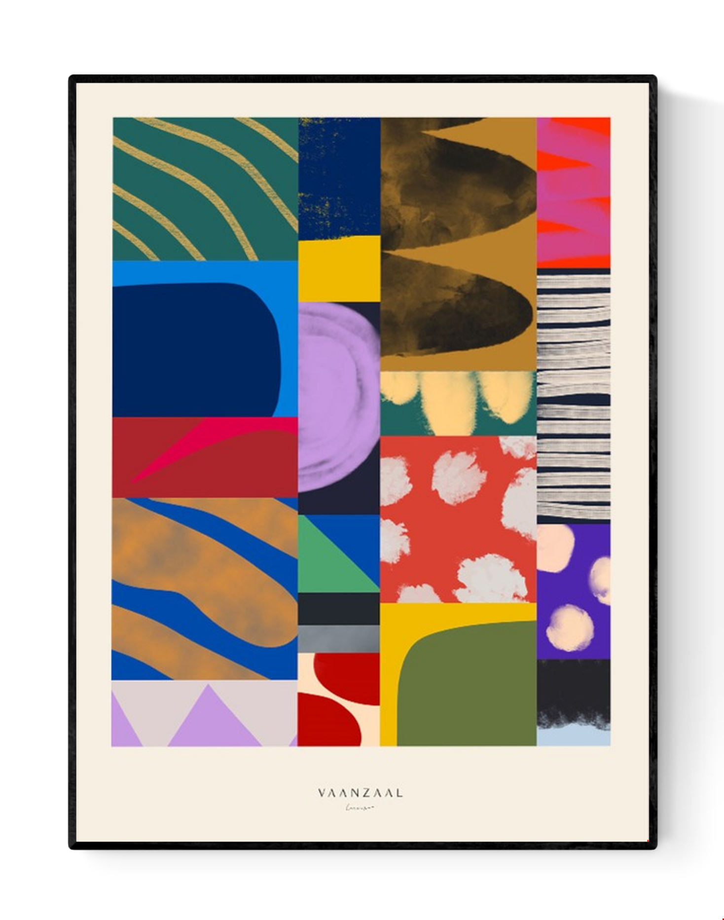 Colorful abstract art print titled ‘Collage’ by Marin Vaan Zaal, featuring bold geometric shapes and expressive textures in a modern patchwork composition. Contemporary wall art perfect for eclectic interiors and design lovers. Available at Galerie Frits