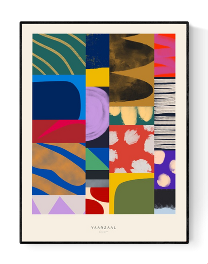 Colorful abstract art print titled ‘Collage’ by Marin Vaan Zaal, featuring bold geometric shapes and expressive textures in a modern patchwork composition. Contemporary wall art perfect for eclectic interiors and design lovers. Available at Galerie Frits