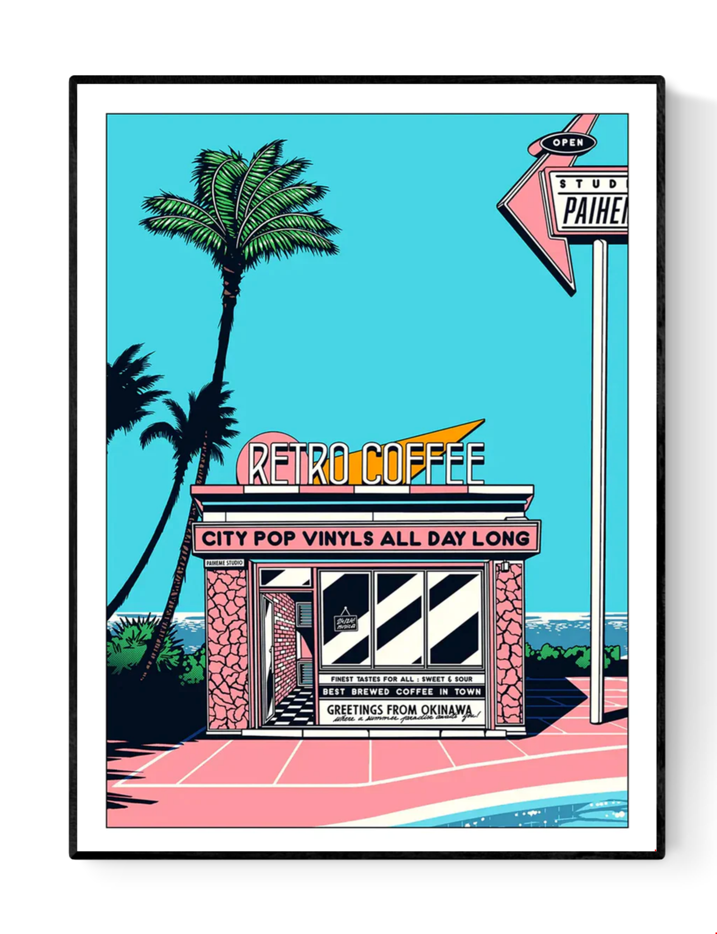 Japanese retro art print by Paiheme Studio featuring a colorful coffee shop inspired by Okinawa, palm trees, neon signs and city pop vinyls – 30x40 cm vibrant wall art made in France.
