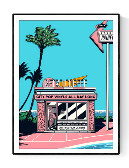 Japanese retro art print by Paiheme Studio featuring a colorful coffee shop inspired by Okinawa, palm trees, neon signs and city pop vinyls – 30x40 cm vibrant wall art made in France.