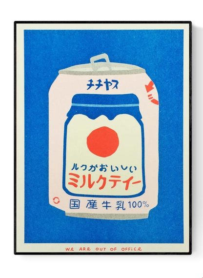 Japanese Can of Milky Tea risograph print by We Are Out of Office – bold and colorful pop-art illustration of retro Japanese drink can in blue, red, and cream tones, printed with soy ink on 300g Biotop paper.