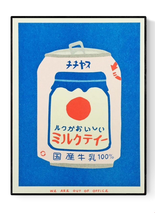 Japanese Can of Milky Tea risograph print by We Are Out of Office – bold and colorful pop-art illustration of retro Japanese drink can in blue, red, and cream tones, printed with soy ink on 300g Biotop paper.