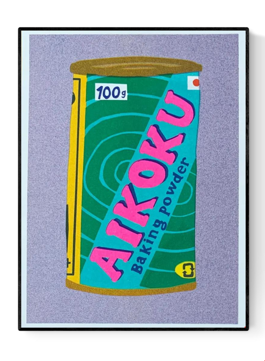 Colorful risograph print of a vintage Japanese Aikoku baking powder can by We Are Out of Office – pop-art kitchen illustration with pink, teal, and yellow details on Biotop paper.