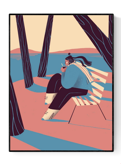 “Autumn” by Gheleyne Bastiaen – 30x40 cm art print of a woman sitting by the lake, sipping wine, with flowing scarf and soft shadows in pink, blue and cream tones, digital Belgian illustration.