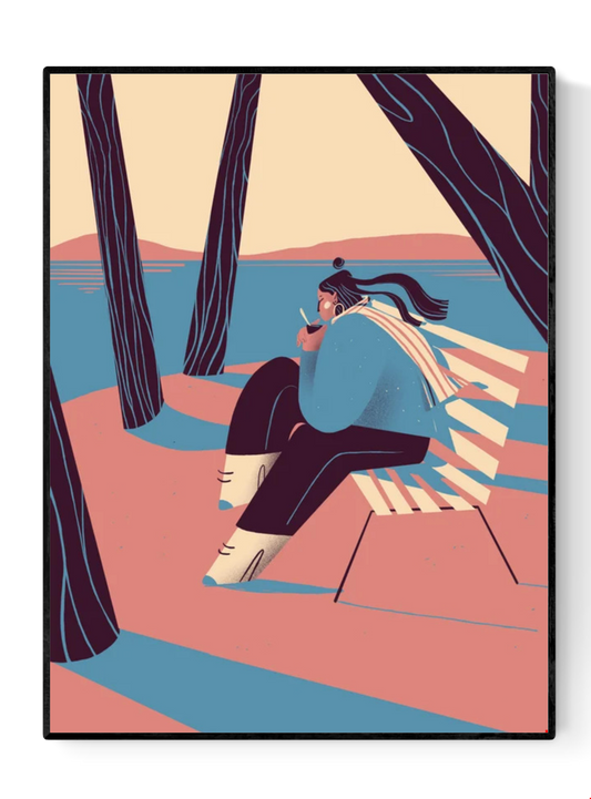 “Autumn” by Gheleyne Bastiaen – 30x40 cm art print of a woman sitting by the lake, sipping wine, with flowing scarf and soft shadows in pink, blue and cream tones, digital Belgian illustration.