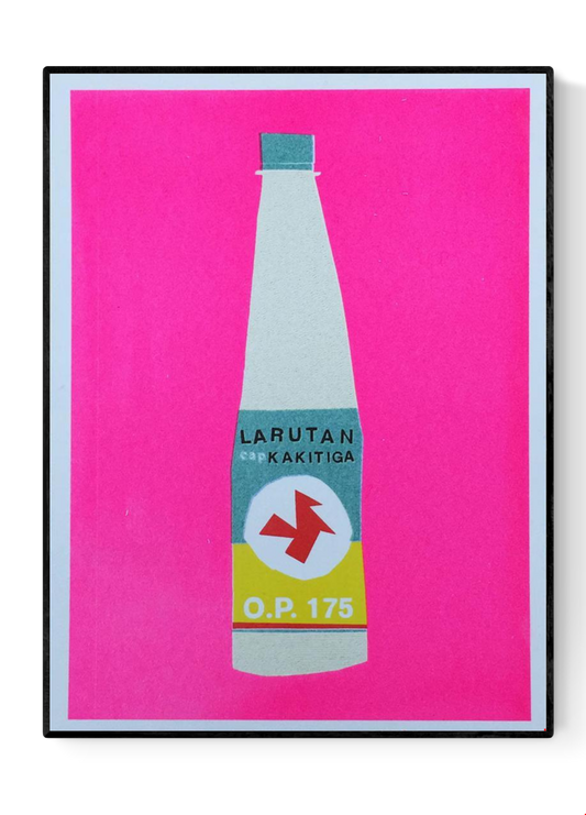Indonesian Bottle Kakitiga risograph print by We Are Out of Office – colorful minimalist soy-ink artwork on 300g Biotop paper, inspired by Indonesian daily life, printed in the Netherlands.