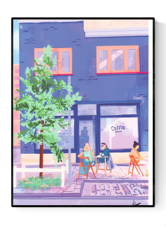 Antwerp Summer Coffee by Valeria Maggiani – A3 art print of a cozy summer café terrace in Antwerp with people enjoying coffee outdoors, urban lifestyle illustration in pastel tones, perfect wall art for design lovers and coffee enthusiasts.