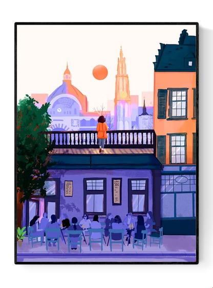 Illustrated cityscape of Antwerp by Mexican artist Valeria Maggiani – warm sunset tones, iconic skyline, Cathedral of Our Lady, terrace with people, printed in Belgium under the artist's supervision, signed and numbered A4 digital art print – modern wall art for city and travel lovers.