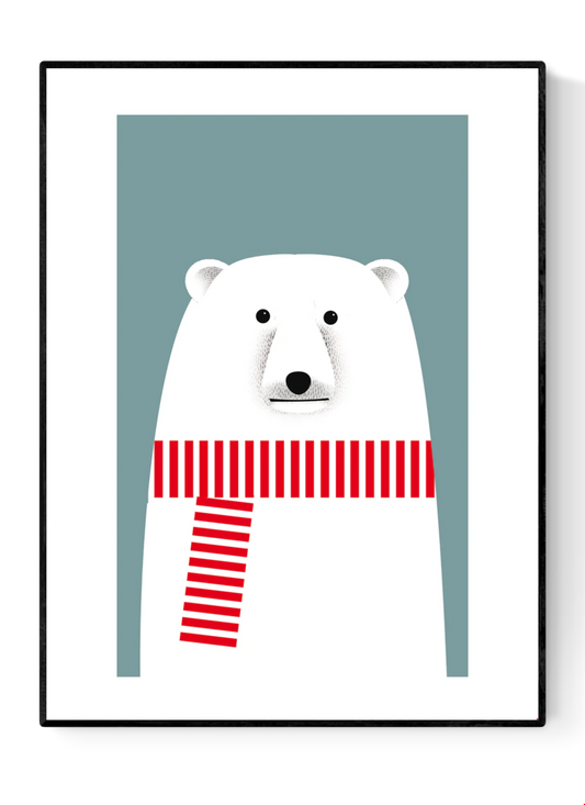 Minimalist illustration by Studio Frits of a charming polar bear wearing a bold red and white striped scarf against a soft blue background. Clean lines and Scandinavian-inspired design make this print a playful yet stylish addition to modern nurseries, seasonal decor, or minimalist art collections