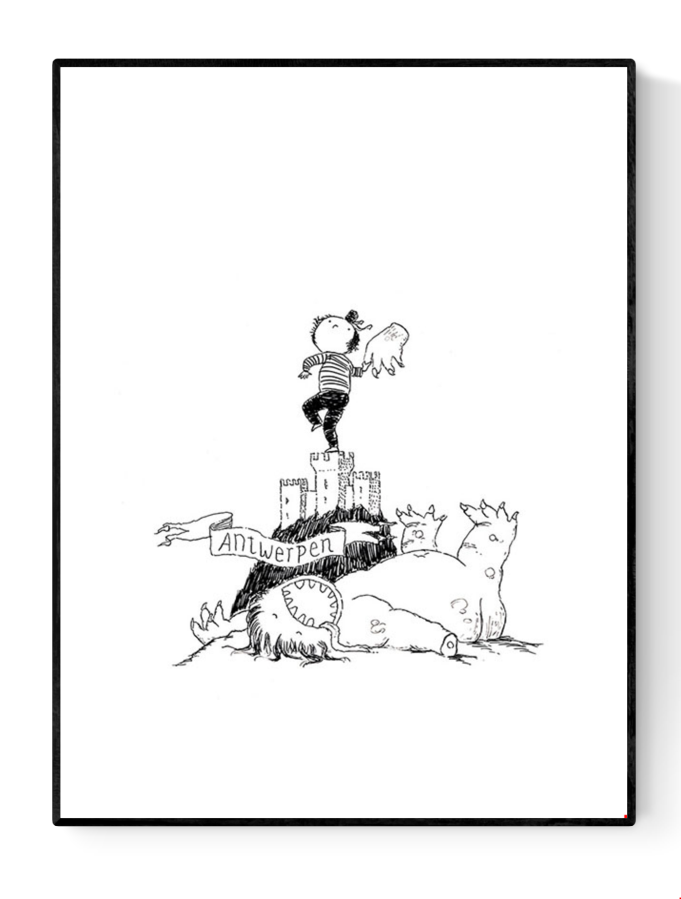 Whimsical black-and-white line drawing by Willy Leung titled 'Antwerpen,' featuring a heroic child standing atop the medieval fortress Het Steen, waving a severed monster hand in triumph above a defeated dragon. A playful and imaginative tribute to the city of Antwerp, combining humor, folklore, and childlike wonder—ideal for fans of storytelling art and charming city-themed prints