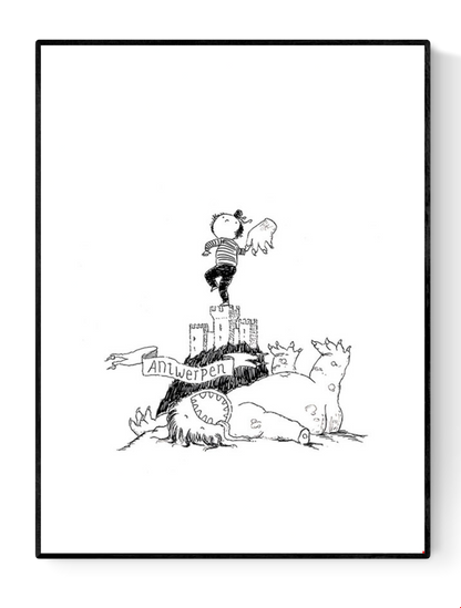 Whimsical black-and-white line drawing by Willy Leung titled 'Antwerpen,' featuring a heroic child standing atop the medieval fortress Het Steen, waving a severed monster hand in triumph above a defeated dragon. A playful and imaginative tribute to the city of Antwerp, combining humor, folklore, and childlike wonder—ideal for fans of storytelling art and charming city-themed prints