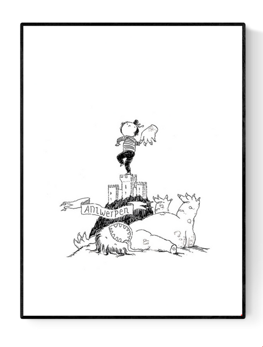 Whimsical black-and-white line drawing by Willy Leung titled 'Antwerpen,' featuring a heroic child standing atop the medieval fortress Het Steen, waving a severed monster hand in triumph above a defeated dragon. A playful and imaginative tribute to the city of Antwerp, combining humor, folklore, and childlike wonder—ideal for fans of storytelling art and charming city-themed prints