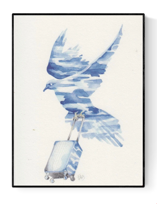 In Transit art card by Belgian artist FAB, A6 size (10.5 x 14.8 cm) printed on 300g Munken Pure Rough paper, featuring a blue watercolor bird in flight carrying a rolling suitcase, symbolizing travel and freedom.